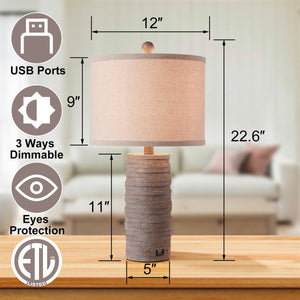 Farmhouse Resin Table Lamp, 22.6-Inch, 3-Way Dimmable with USB Port, Dark Brown, Set of 2