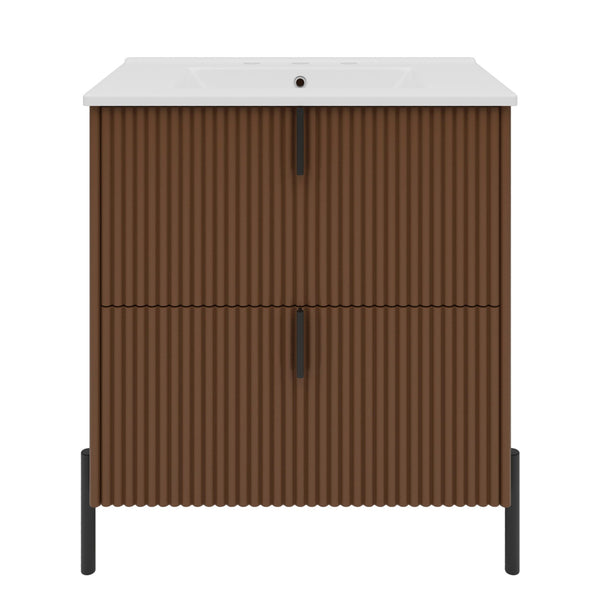 Fluted Bathroom Vanity With Ceramic Sink, Freestanding Design