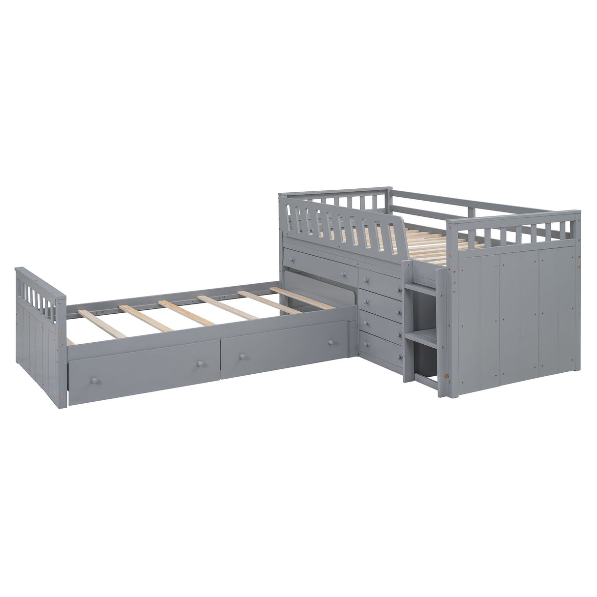 Loft Platform Bed With 7 Drawers And Full Guardrails, Modern L Shaped Space Savin