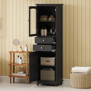 Tall Bathroom Storage Cabinet With Glass Doors, Free-Standing, Two Drawers, And Adjustable Shelves, Board, Painted Perfect For Displaying Your Favorite Items