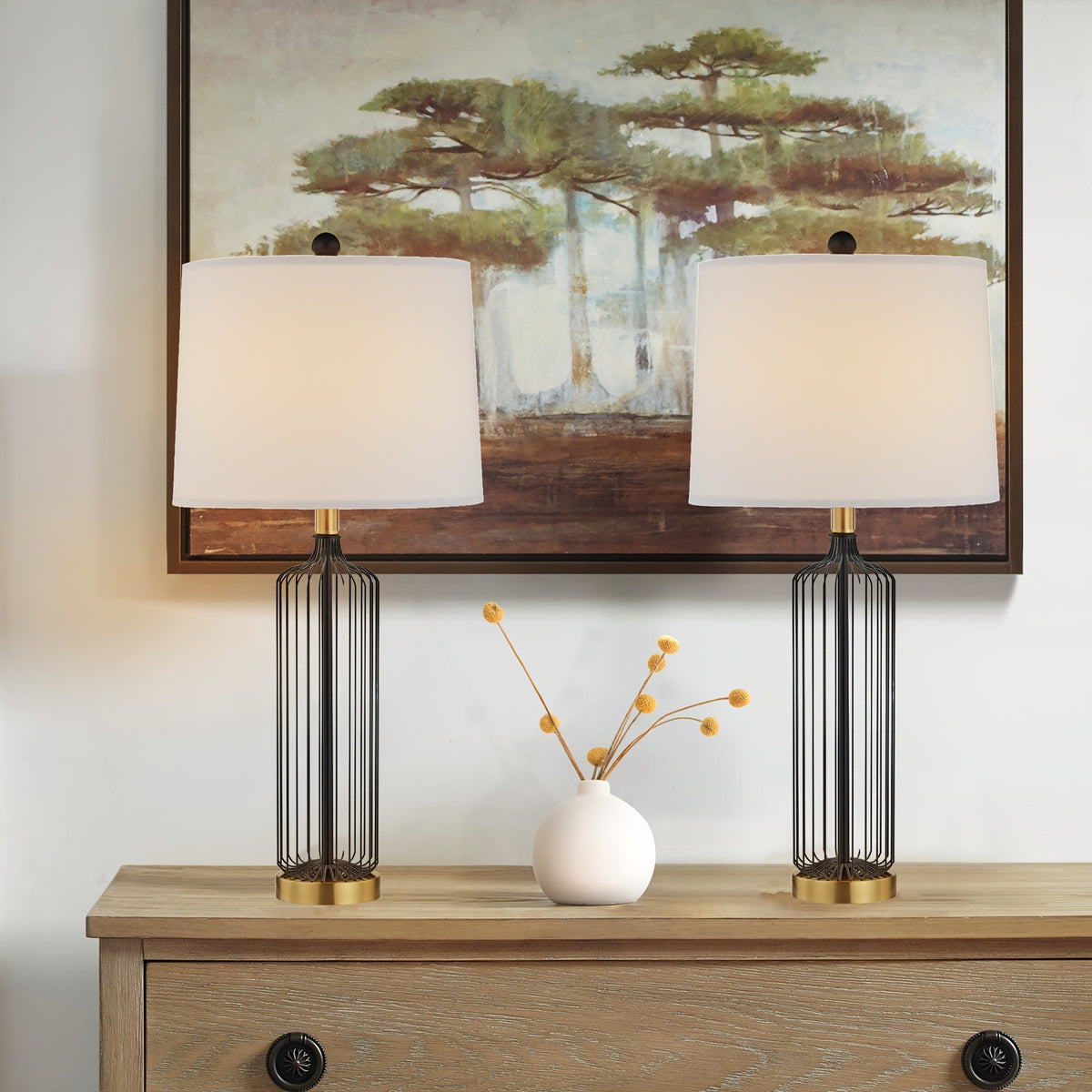 28-Inch Cage Table Lamp Set of 2, Black Metal with 3-Way Dimmable
