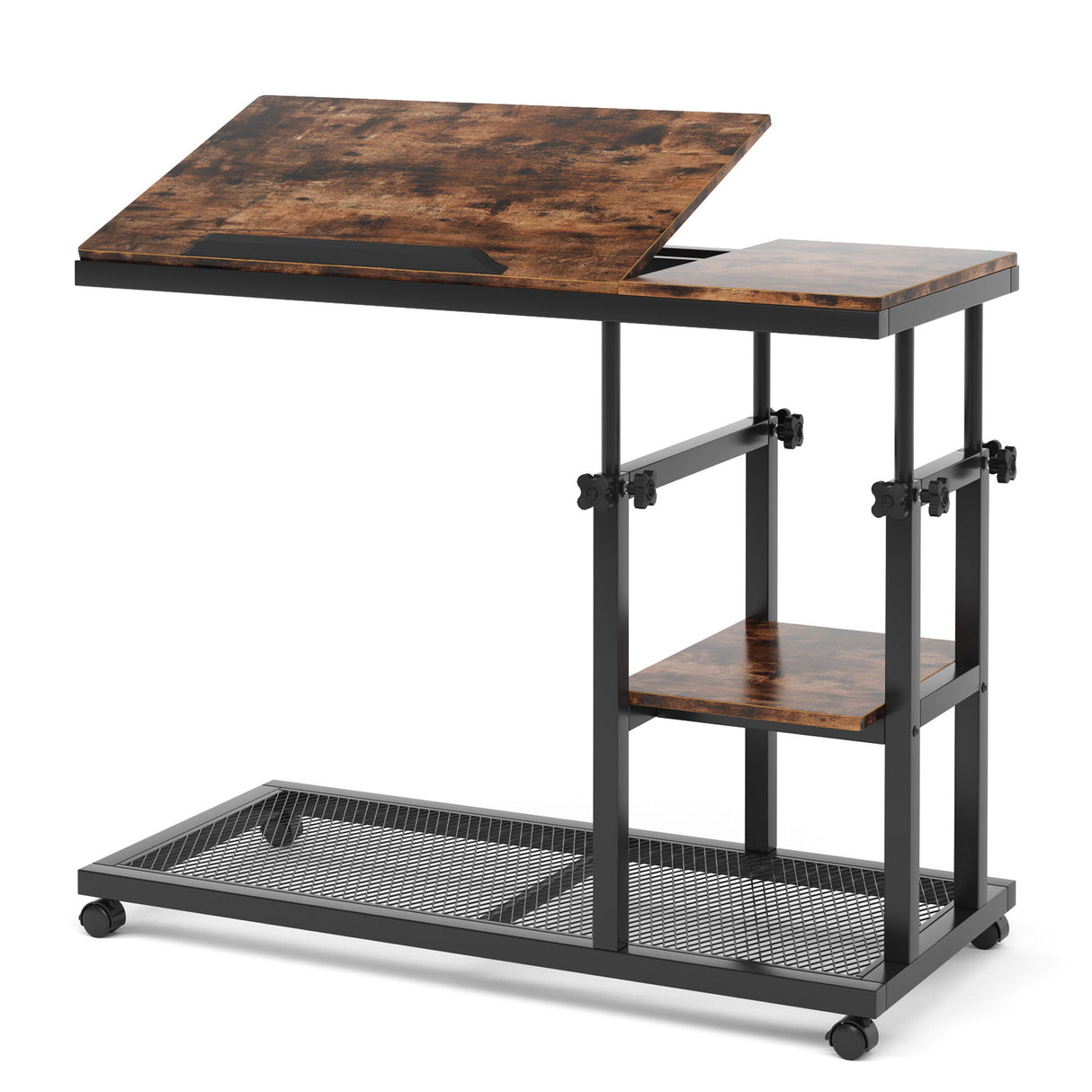 C-Shaped Adjustable End Table With Wheels And Tilting Top With Side Pocket And Storage Shelf - Brown / Black