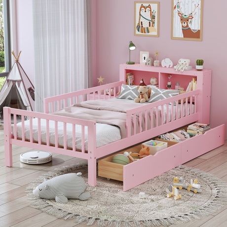 Bed With Headboard Storage Rack, 2 Under Bed Drawers, 3 Side Guardrails For Safety