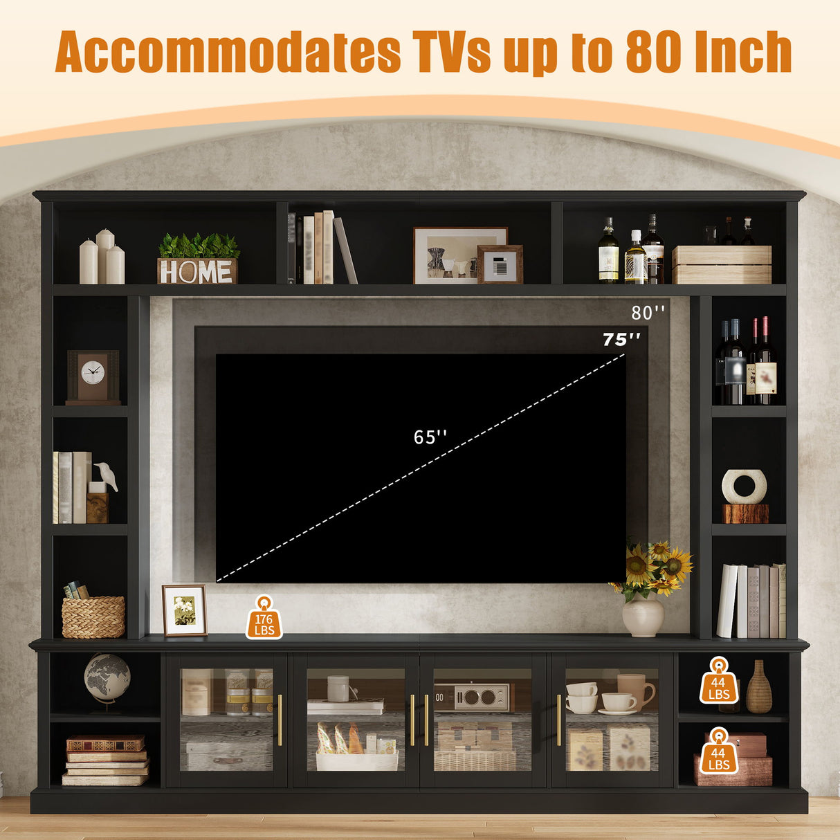 All-In-One Entertainment Center With Bookshelves & Tempered Glass Doors, TV Console Unit For Living Room