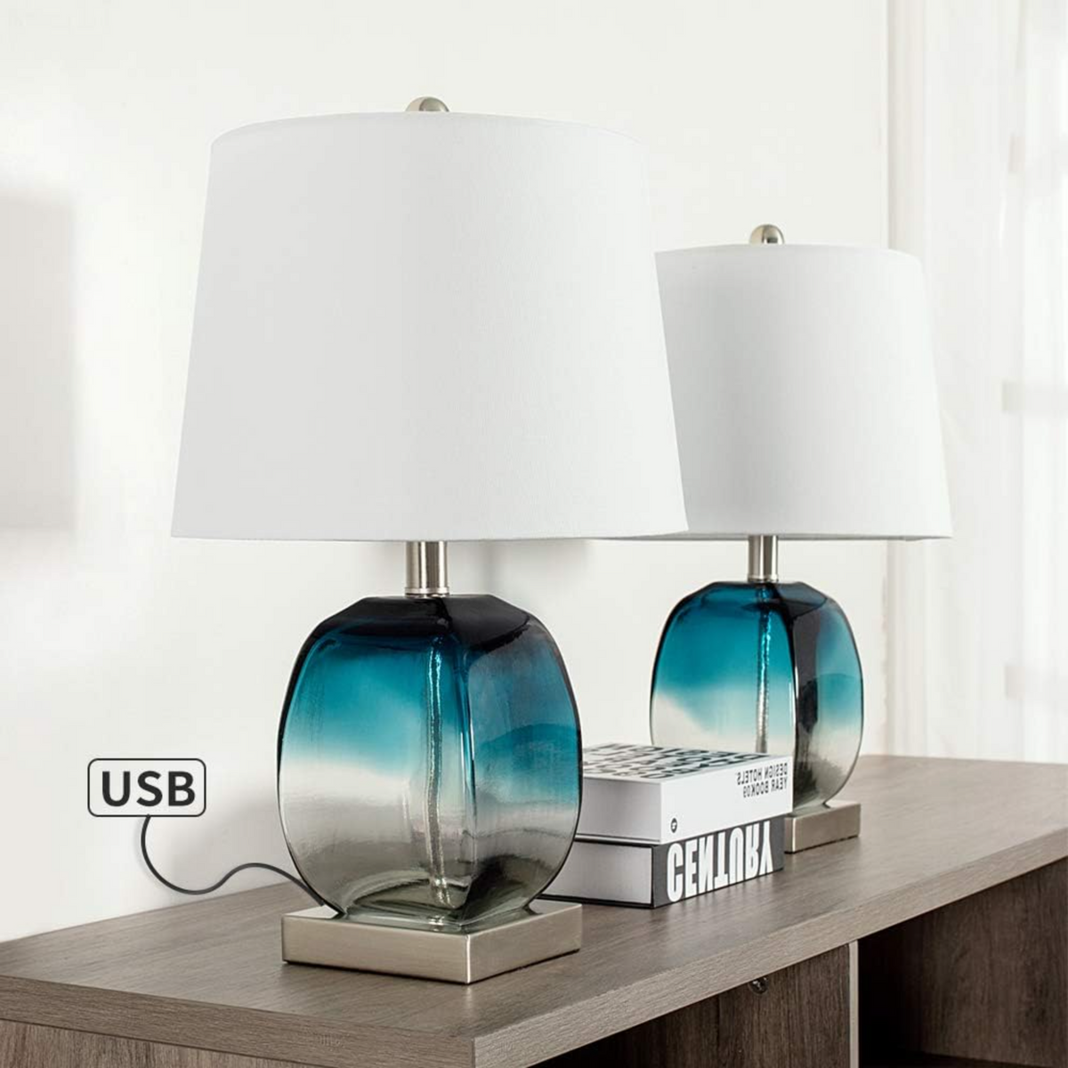 Coastal Glass Table Lamp 20.5-Inch 3-Way Dimmable with USB, Set of 2, Blue