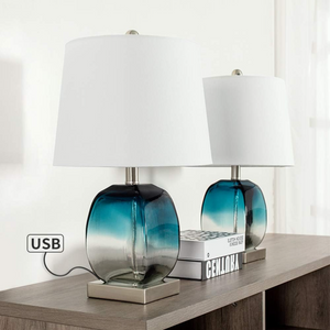 Coastal Glass Table Lamp 20.5-Inch 3-Way Dimmable with USB, Set of 2, Blue