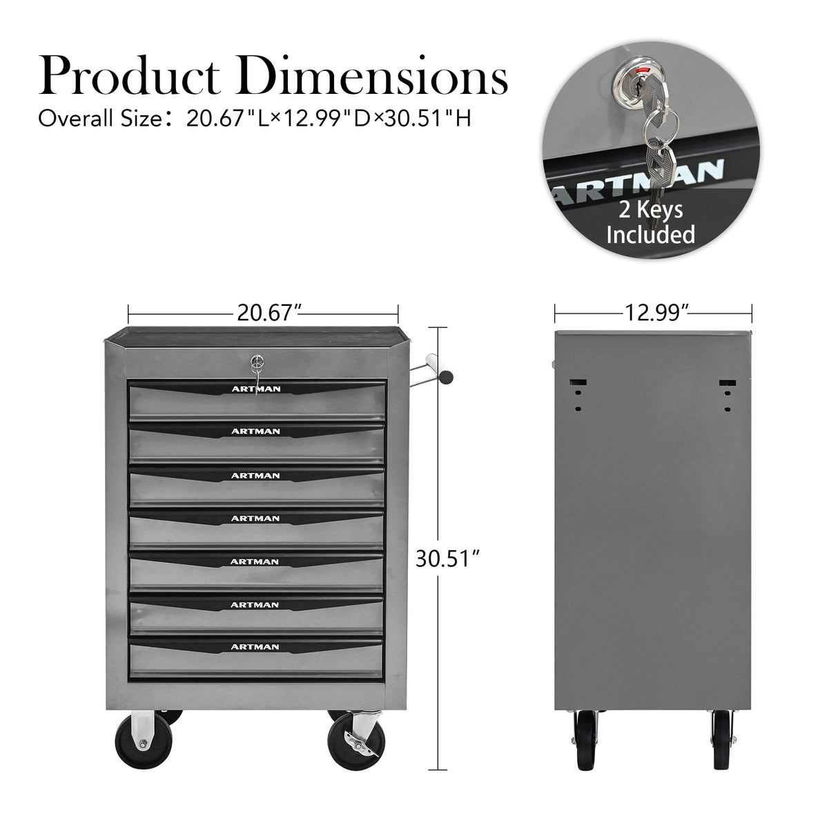 Rolling Metal Tool Chest with 7 Drawers, 20" Cabinet Silver