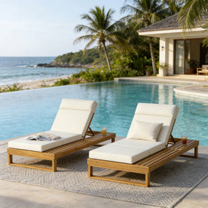 Teak Finish Acacia Wood Chaise Lounge with 4-Inch Cushion