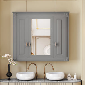 Wall Mounted Bathroom Cabinet With Mirror And 4 Shelves, Rectangular Design - Gray