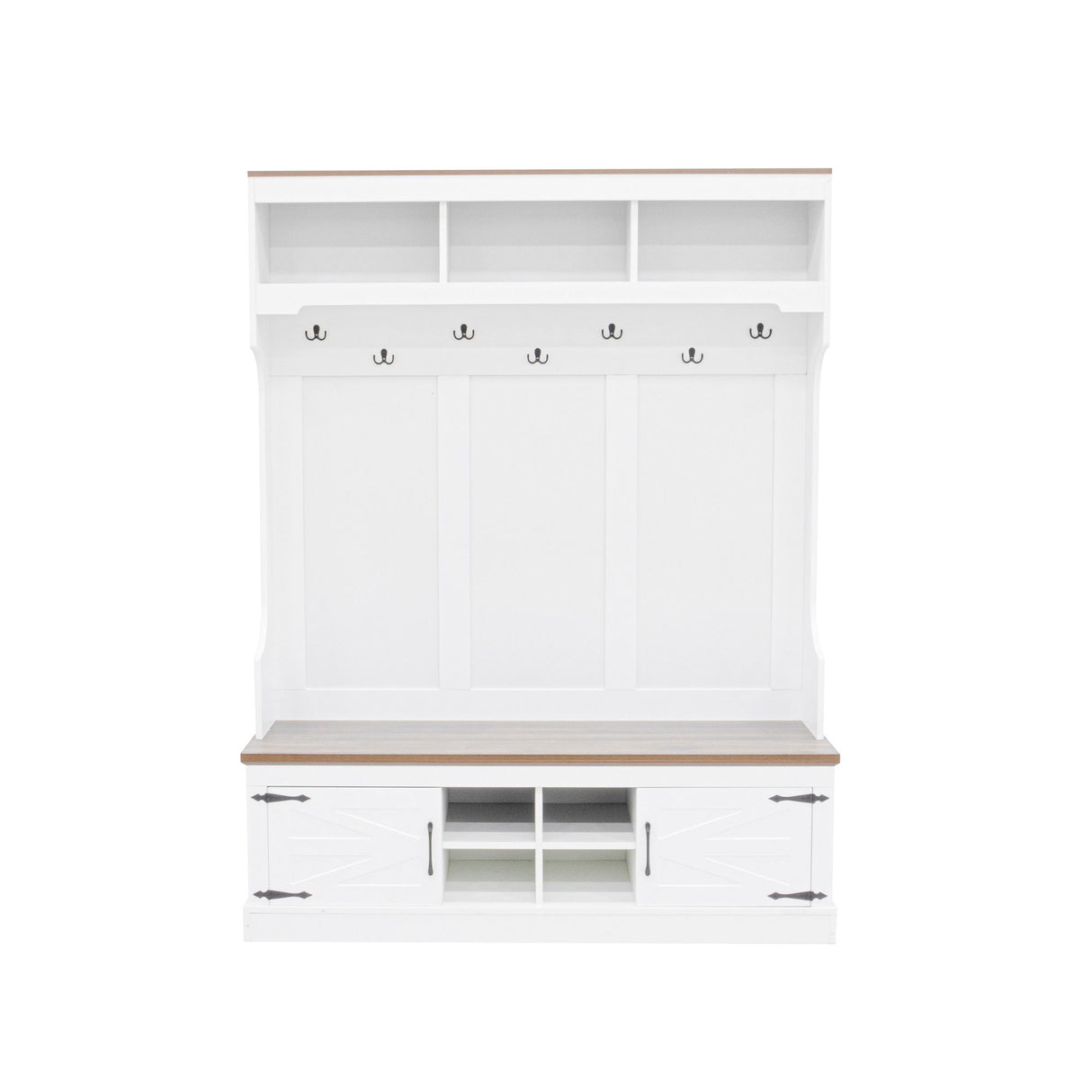 Hall Tree With Bench And Shoe Storage, 5 In 1 Entryway Organizer Cabinet With Coat Rack, 4 Shoe Cubbies & 7 Hooks - White