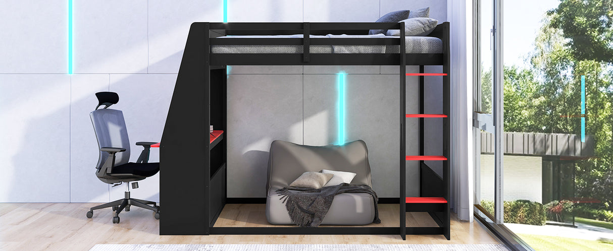 Full Size Wooden Gaming Bunk Bed with Desk, Two Storage Shelves, USB and LED Light