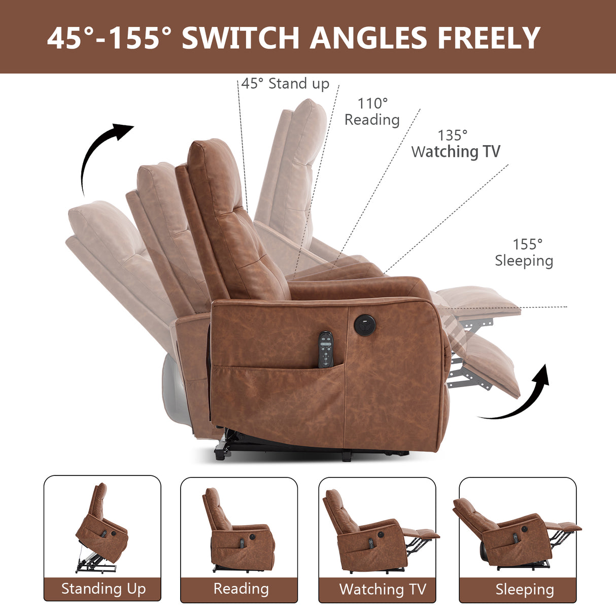 Brown PU Single Motor Power Lift Recliner Chair