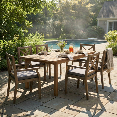 7 Pieces Acacia Wood Outdoor Dining Set with Dark Grey Cushions