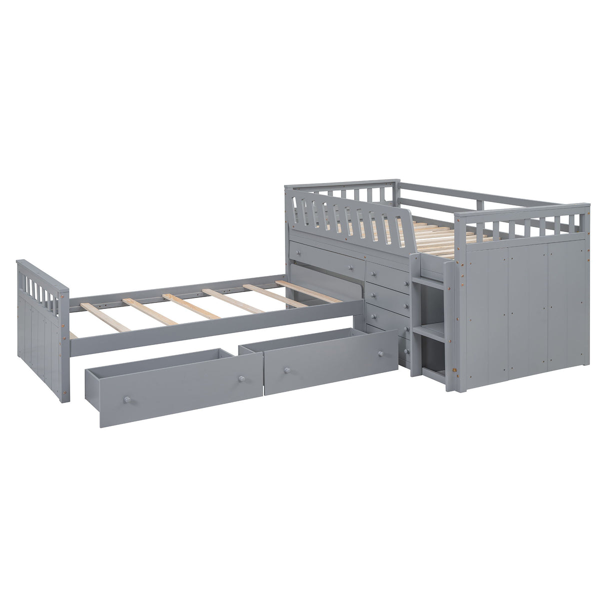 Loft Platform Bed With 7 Drawers And Full Guardrails, Modern L Shaped Space Savin