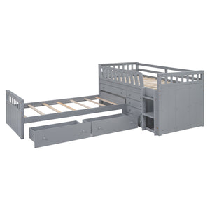 Loft Platform Bed With 7 Drawers And Full Guardrails, Modern L Shaped Space Savin