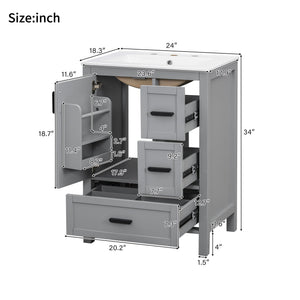 Bathroom Vanity With Sink, Soft Close Door, Double Layer Door Shelf And 3 Drawers - Gray
