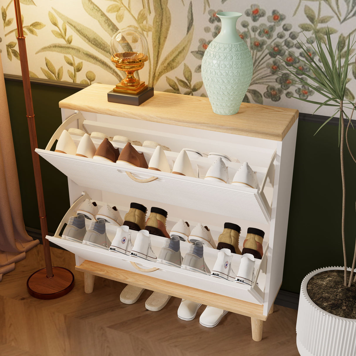 Narrow - Entryway Shoe Storage Cabinet With 2 Flip Drawers Legs - Natural / White