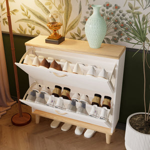 Narrow - Entryway Shoe Storage Cabinet With 2 Flip Drawers Legs - Natural / White