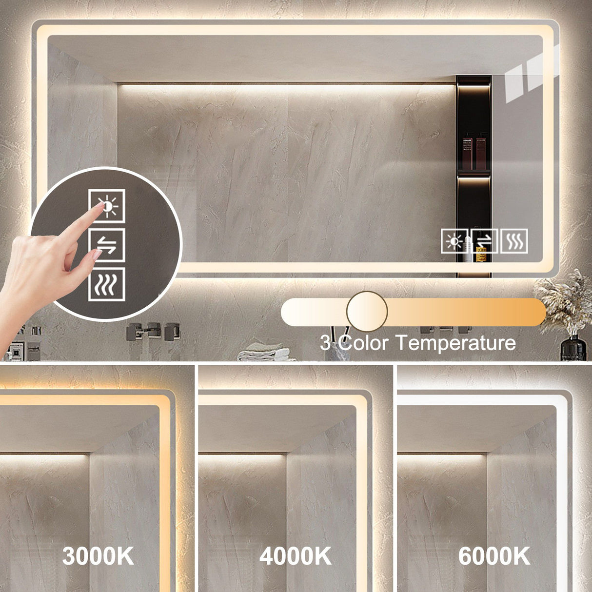 LED Bathroom Mirror Vanity Mirrors With Front Lights Wall Mounted Anti-Fog Frameless Make Up Mirror With Light Copper Free Silver Mirror Horizontal Or Vertical - Silver