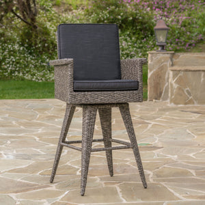 Outdoor Rattan Swivel Barstool With Water Resistant Cushion - Mixed Black / Dark Gray - Best Buy Furniture