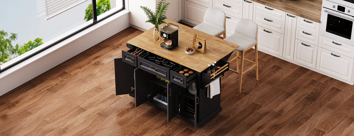 K&K 54 Inch Large Kitchen Island with Rubber Wood Drop Leaf