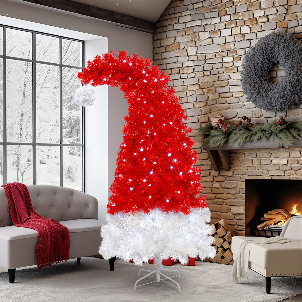 6FT Artificial Christmas Tree with LED Light, Santa's Hat Shape