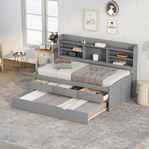 Captain Bed With Built In Bookshelves, 3 Storage Drawers, And Trundle