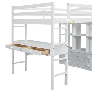Full Size Loft Bed With Built In Desk, 2 Drawers, Storage Shelves - White