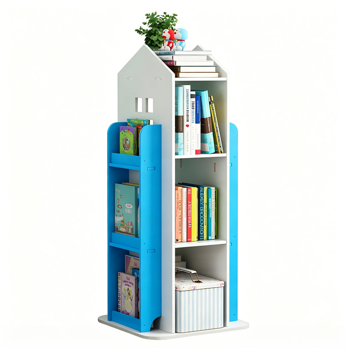 4-Tier Rotating Bookshelf, 360° Swivel, PVC, White