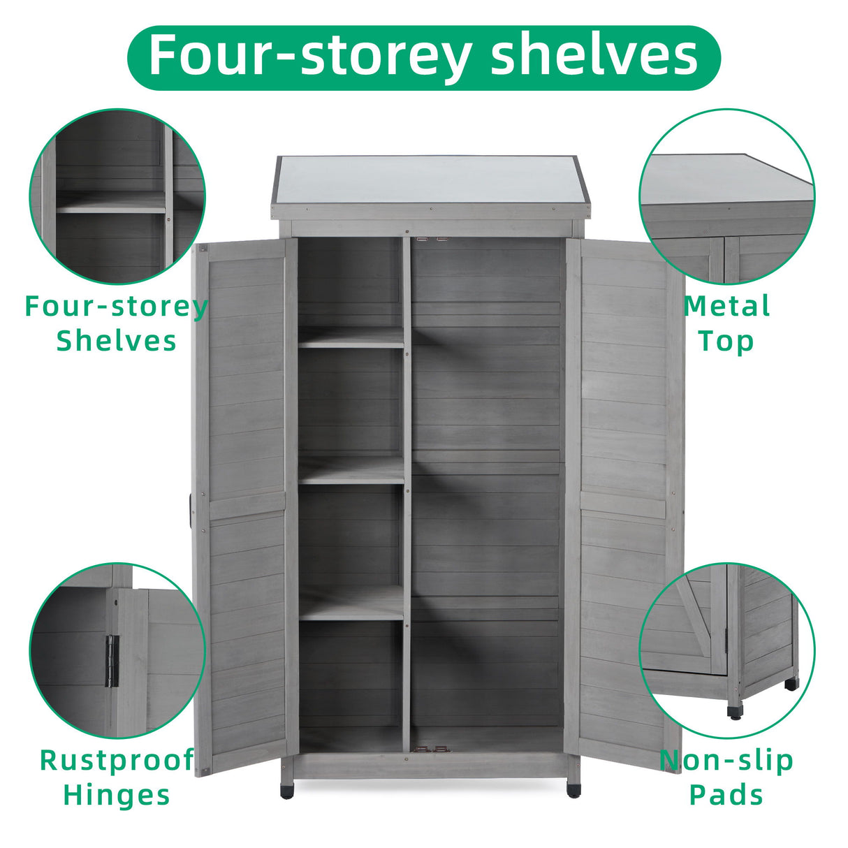 Wood Outdoor Storage Cabinet With Metal Top Garden Shed For Yard And Patio - Gray