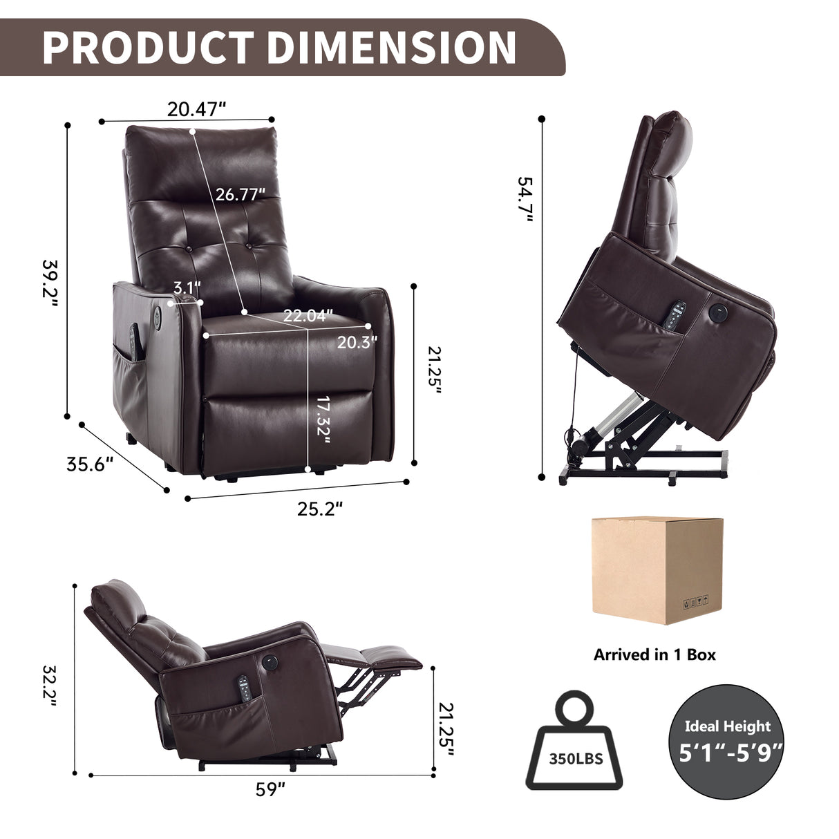 Brown PU Single Motor Power Lift Recliner Chair with Massage & Heat