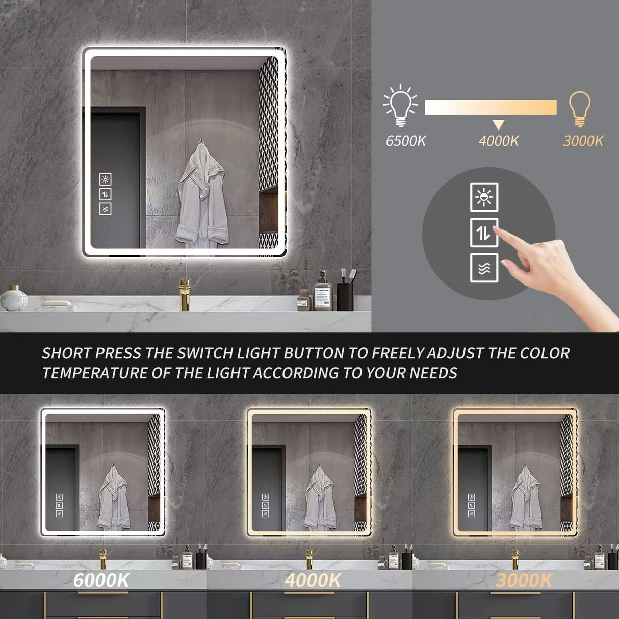 LED Bathroom Mirror, Anti Explosion Glass, Rust Resistant, Anti Fog, Tri Color