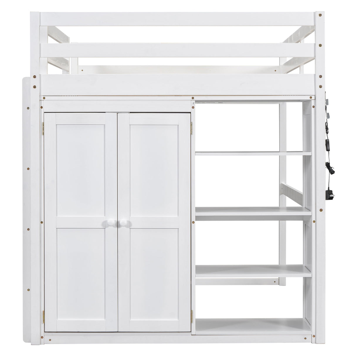 Loft Bed With Built In Wardrobe, Storage Shelves, And LED Light