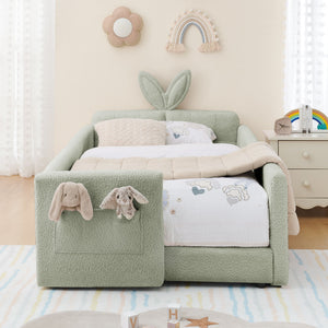 Cute Rabbit Ear Upholstered Platform Bed Frame With Safety Rail