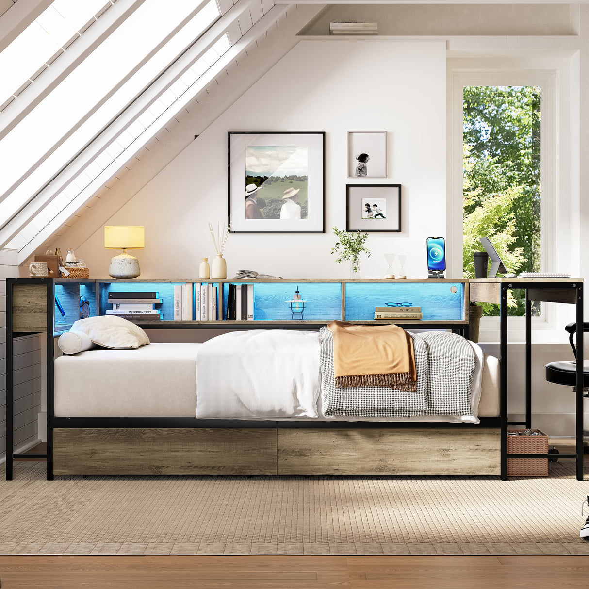 Corner Bed Frame Full Size with Bookcase and Storage Drawers