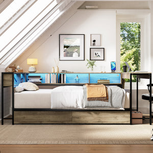Corner Bed Frame Full Size with Bookcase and Storage Drawers
