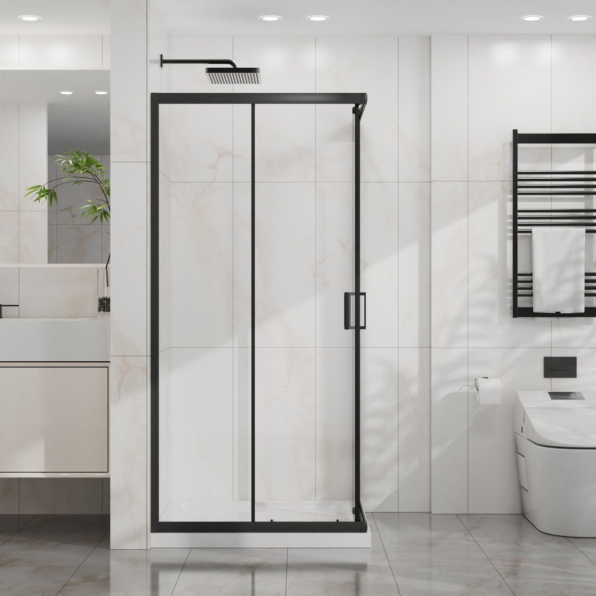 Corner Shower Enclosure With Sliding Door - Matte Black