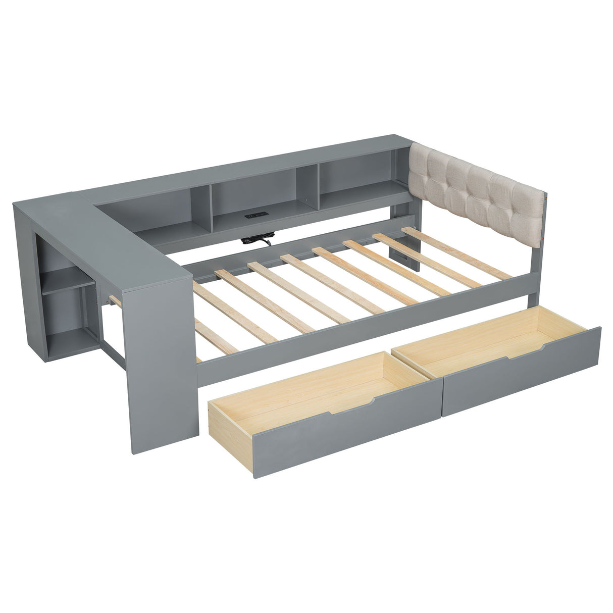 Upholstered Headboard Platform Bed With Storage Shelves, Drawers, Charging Station