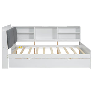 Platform Bed With Trundle, Shelves, And Storage Headboard