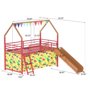Jack - House Loft Bed With Slide And Curtain Set