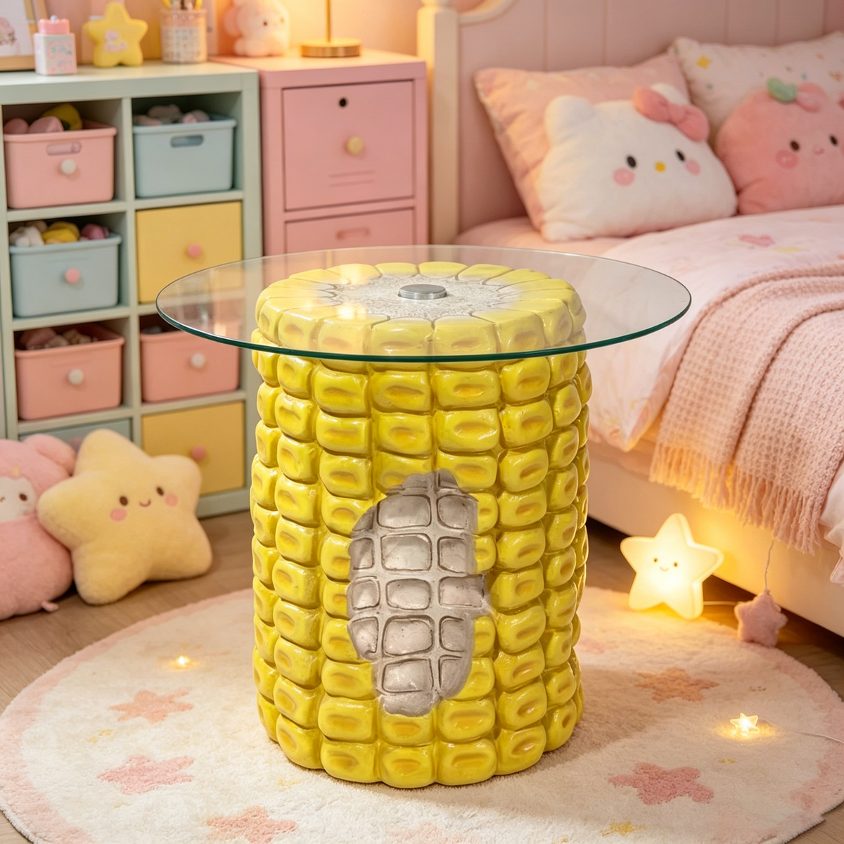 Corn Cob Side Table, 17.32-Inch High with Glass Top, Yellow