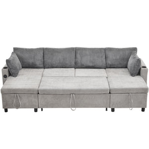 Sectional Sofa Bed With Pull Out Sleeper, USB Ports, Cup Holders
