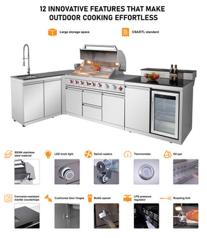 Outdoor Kitchen Island 95.8 Inch 6+1 Burner Propane Gas BBQ Grill 95500 BTU 304 Stainless Steel