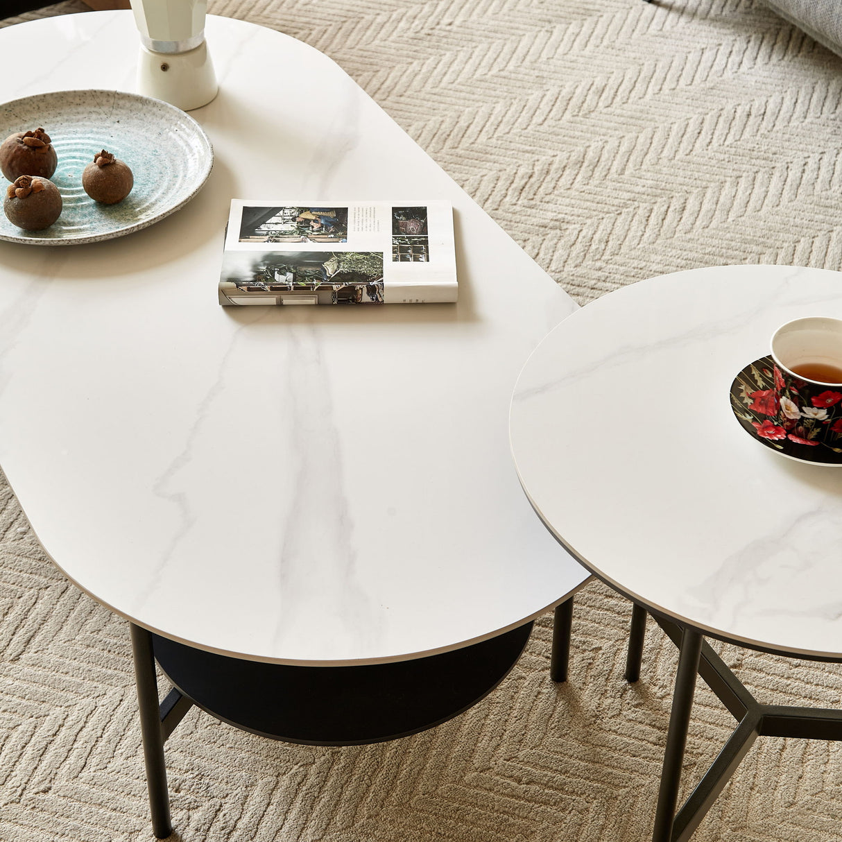 Contemporary Coffee Table Sintered Stone Surface With Ceramic Finish Double Layer Design Base Matte Shelf Modern Living Room Center Table - White / Gray
