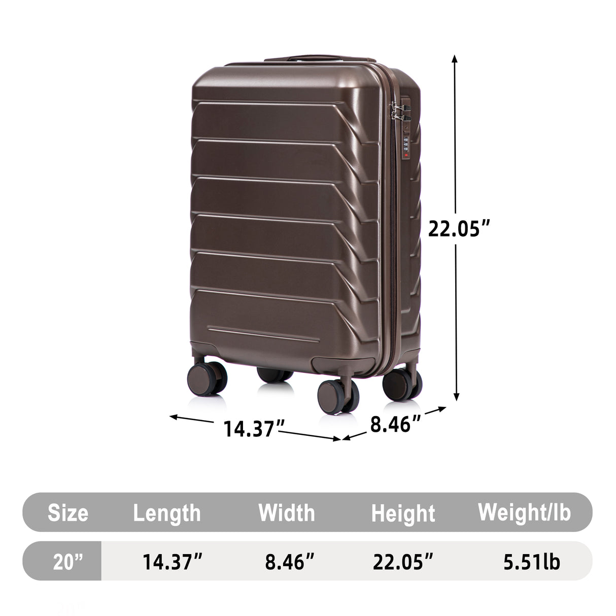 20 Inch ABS Hard Shell Travel Checked Luggage - Brown