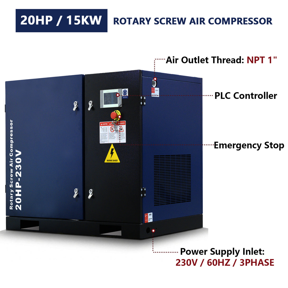 20HP Rotary Screw Air Compressor, 74 CFM, 125 PSI, Industrial-Grade