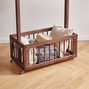 Solid Wood Freestanding Coat Rack with Rolling Wheels & Storage Basket