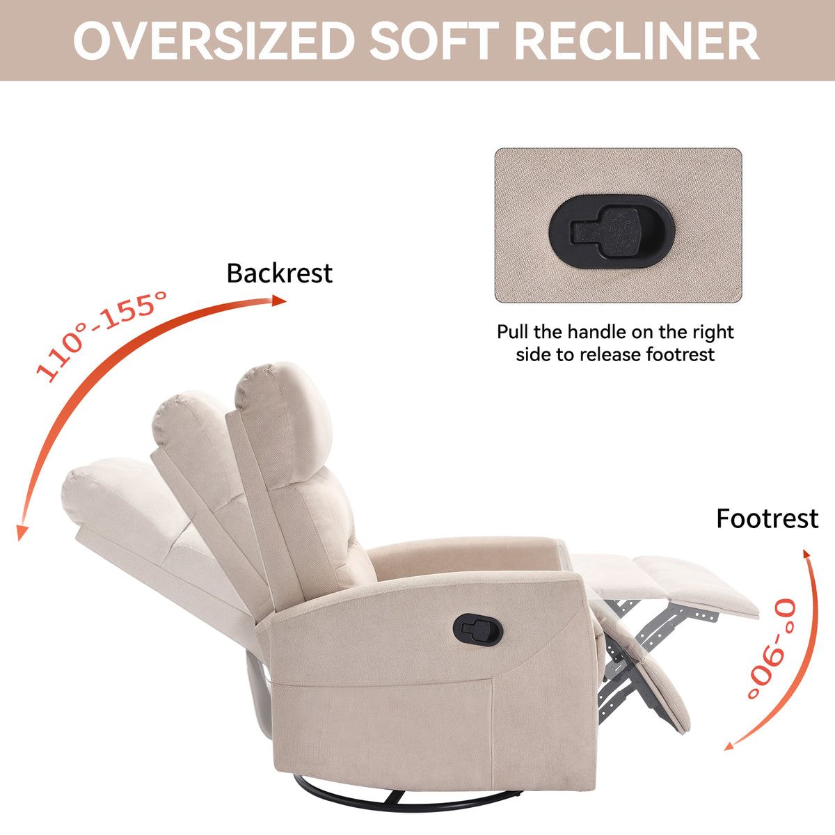 Manual Recliner Chair with Rocker and Swivel in Fabric for Living Room