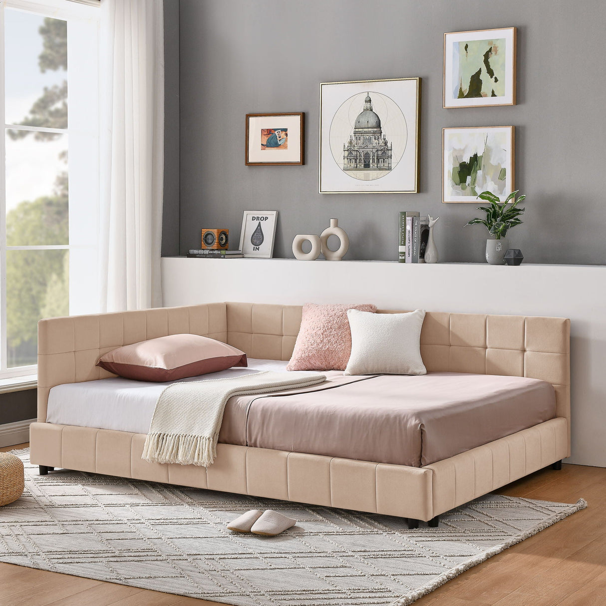 Mid-Century Storage Upholstered Tufted Bed Frame with Backrest and Armrests
