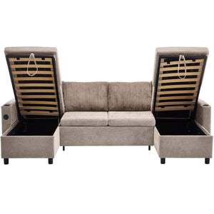 Sectional Sofa Bed With Pull Out Sleeper, USB Ports, Cup Holders